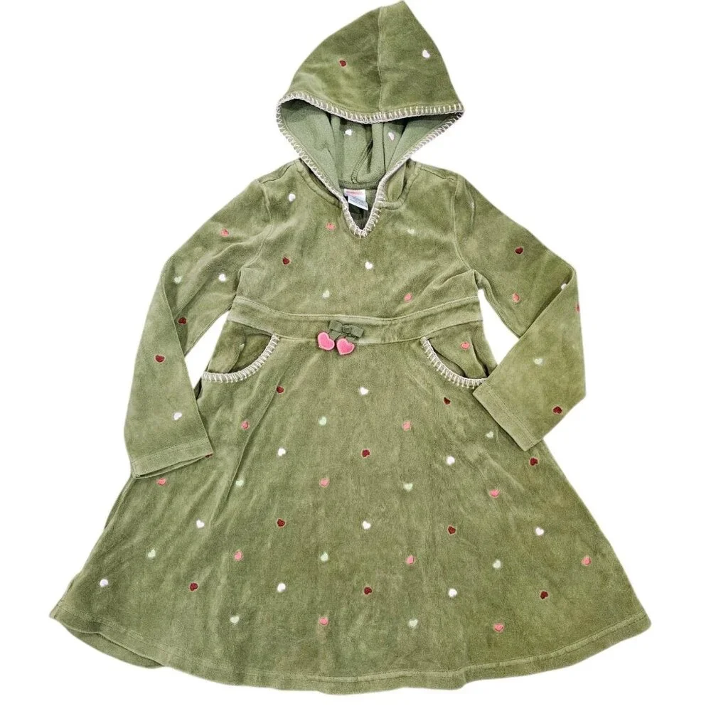 Gymboree Size 6‎ Green Heart Embroidery Hooded Dress Velour Longsleeve